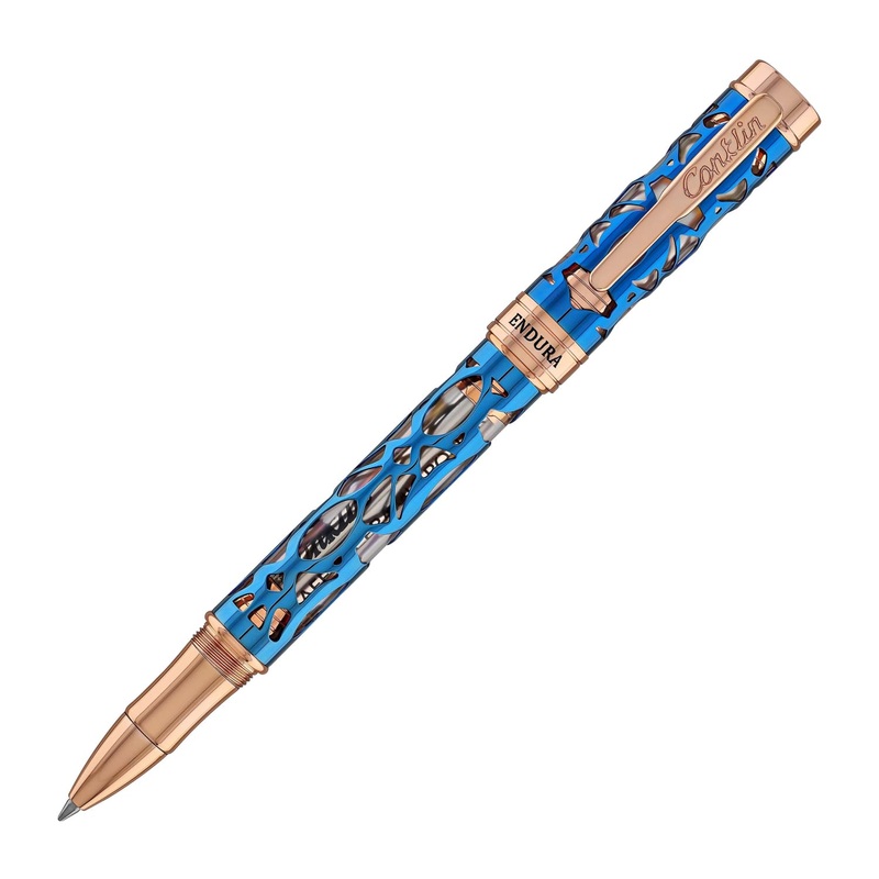 Conklin Endura Deco Crest Rollerball Pen in Demo Blue with Rosegold Trim
