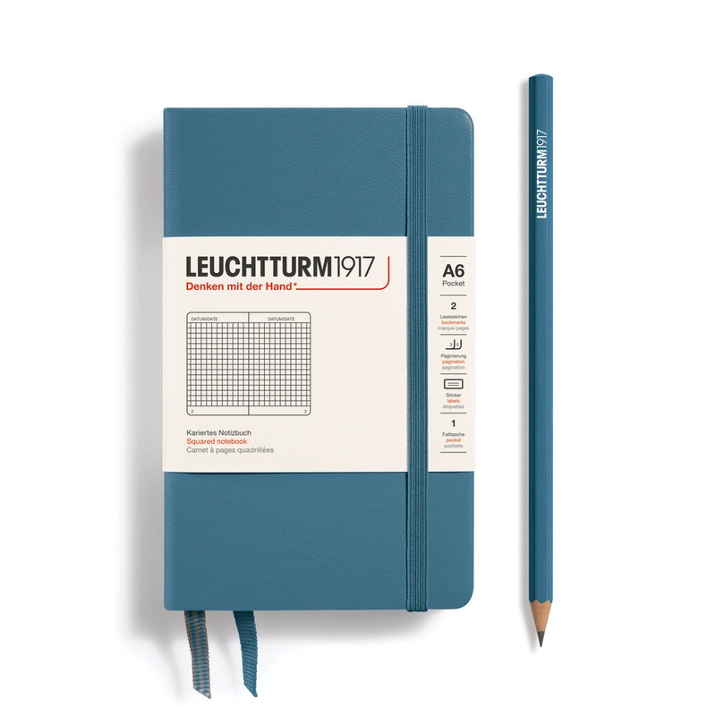 LEUCHTTURM1917 Notebook Hardcover Pocket (A6), 187 pages, Squared – Stone Blue