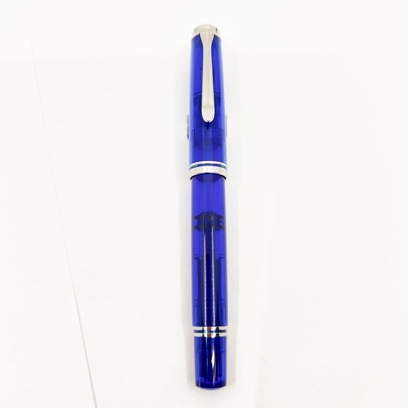 Pelikan M605 Marine Bright Blue Transparent Fountain Pen – Platinum Plated Trim
