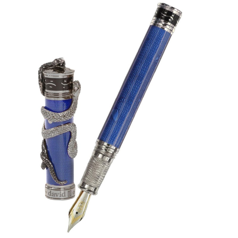 David Oscarson Black Water Snake Fountain Pen  – Translucent Royal Blue and Opaque Black Hard Enamel Fine