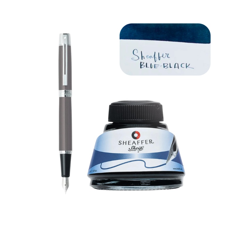 Sheaffer (50ml) Ink Bottle – Blue Black + Sheaffer 300 Fountain Pen – Grey (Bundle)