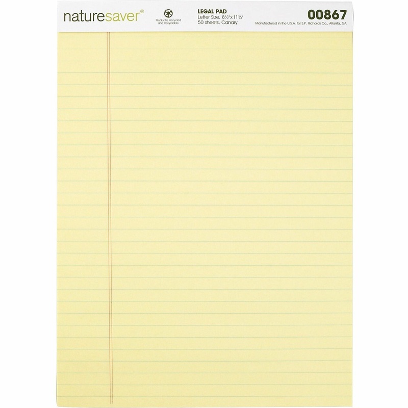 Nature Saver 100% Recycled Canary Legal Ruled Pads – 50 Sheets – 0.34″ Ruled – 15 lb Basis Weight – 8 1/2″ x 11 3/4″ – Canary Paper – Perforated, Stiff-back, Back Board, Easy Tear – Recycled – 1 Dozen