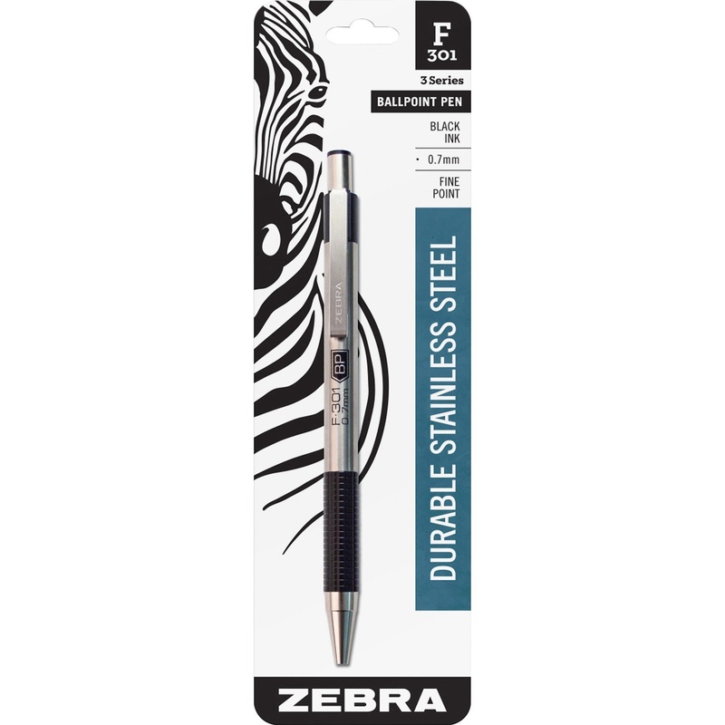 Zebra STEEL 3 Series F-301 Retractable Ballpoint Pen – Fine Pen Point – 0.7 mm Pen Point Size – Refillable – Retractable – Black – Stainless Steel Barrel – 1 Each