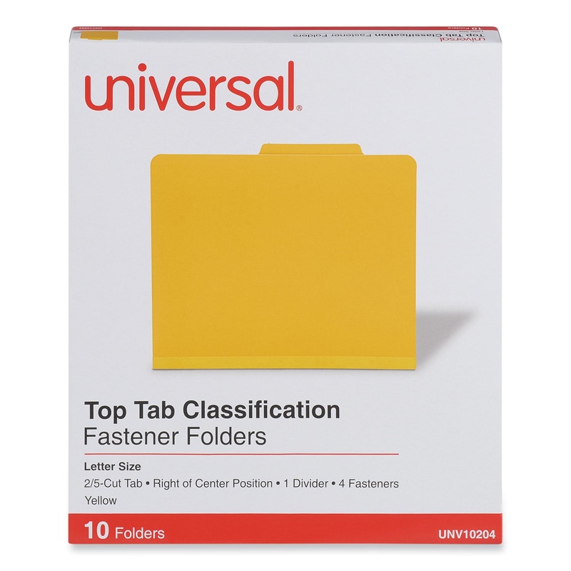 Bright Colored Pressboard Classification Folders, 2″ Expansion, 1 Divider, 4 Fasteners, Letter Size, Yellow Exterior, 10/Box