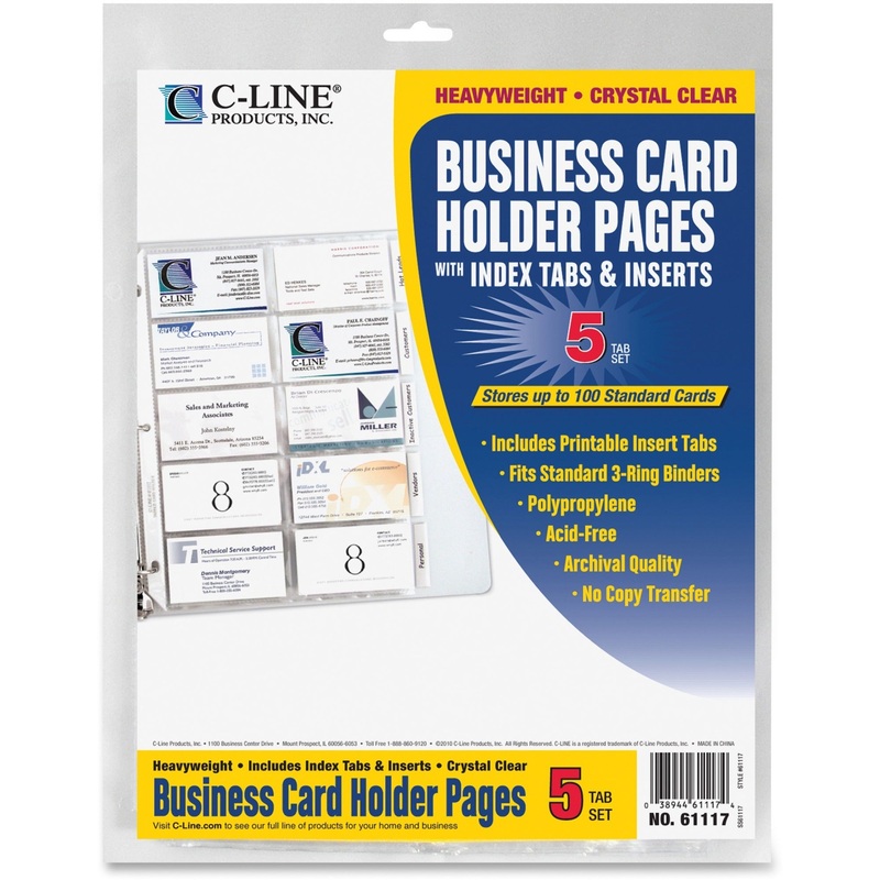 C-Line Business Card Holder Pages with Index Tabs for Ring Binders, Poly – 5-Tab Set, Holds 20 Cards/Page, 3-Hole Punched, 11 x 8-1/2, 5/PK, 61117
