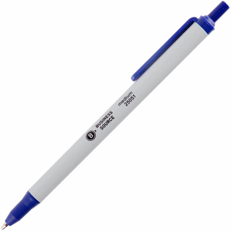 Business Source Retractable Ballpoint Pens – Medium Pen Point – Retractable – Blue – Gray Barrel – 1 Dozen