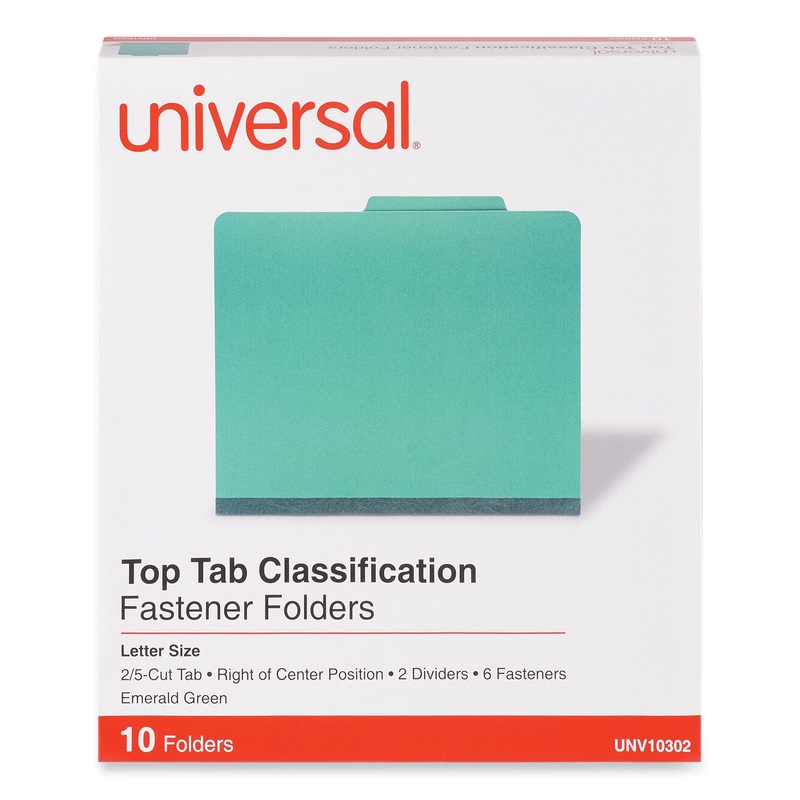 Bright Colored Pressboard Classification Folders, 2″ Expansion, 2 Dividers, 6 Fasteners, Letter Size, Emerald Green, 10/Box