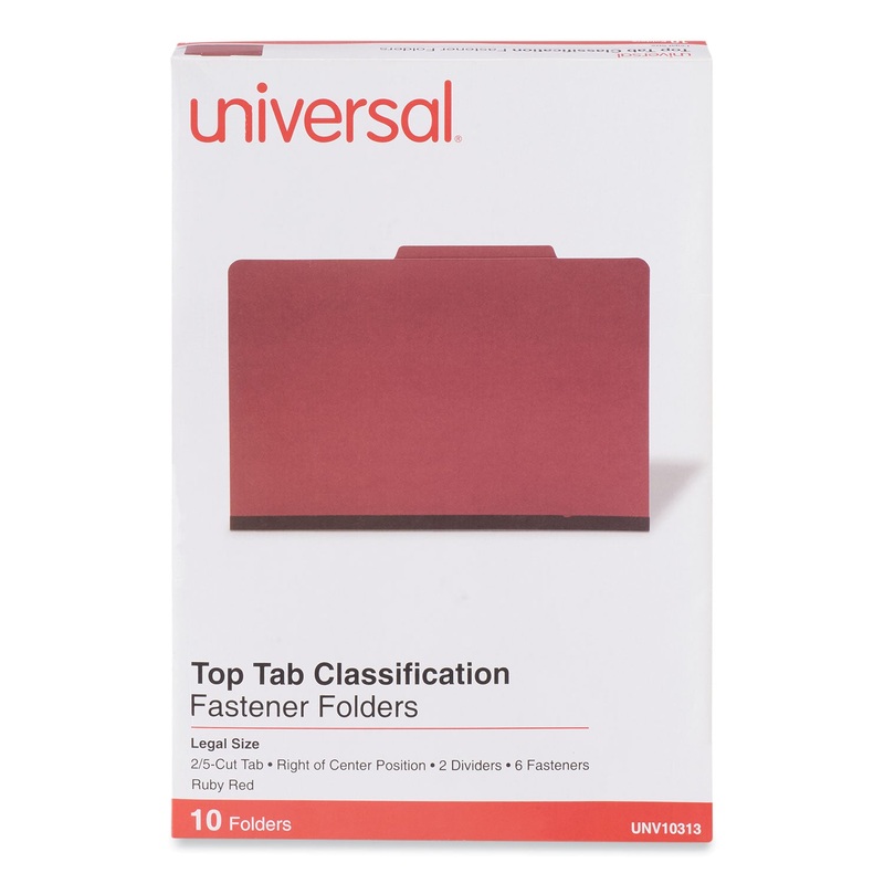 Bright Colored Pressboard Classification Folders, 2″ Expansion, 2 Dividers, 6 Fasteners, Legal Size, Ruby Red, 10/Box