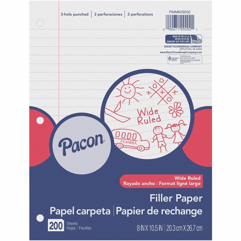 Pacon Wide Ruled Filler Paper – 200 Sheets – Wide Ruled – 0.38″ Ruled – Red Margin – 3 Hole(s) – 8″ x 10 1/2″ – White Paper – Smooth, Punched – 200 / Pack