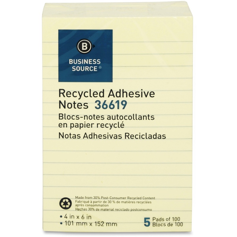 Business Source Yellow Adhesive Notes – 4″ x 6″ – Rectangle – Ruled – Yellow – Self-adhesive, Removable – 5 / Pack – Recycled