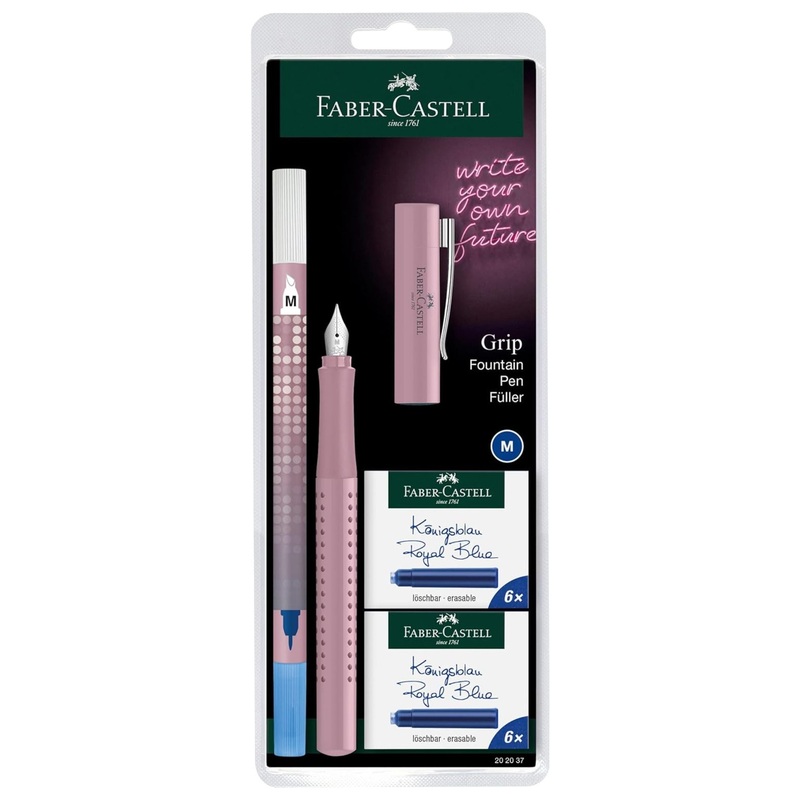 Faber-Castell Grip 2010 Harmony Fountain Pen, Nib M, Rose Shadow, with Ink Eraser and 12 Replacement Cartridges 202037