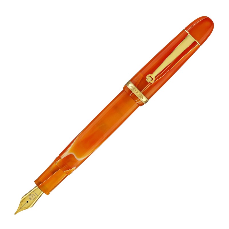 Penlux Masterpiece Grande Fountain Pen in Orange Swirl Stainless Steel Medium
